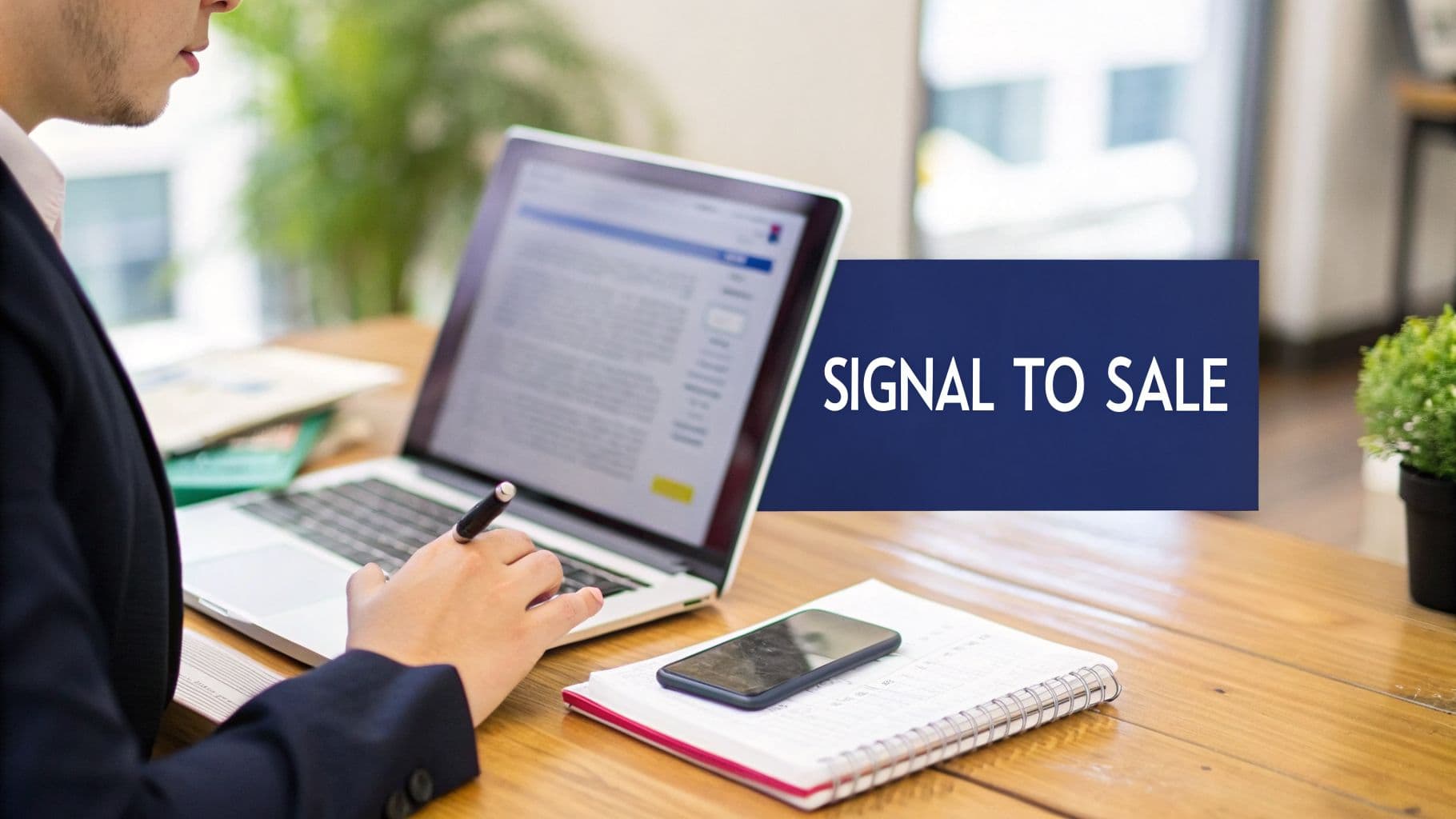 Professional working on a laptop at a wooden desk with a smartphone and notebook. Text: SIGNAL TO SALE.