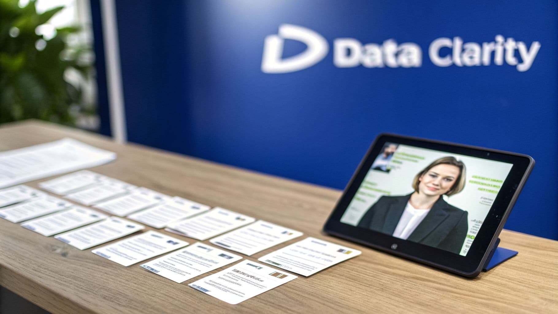 A tablet displaying a woman's profile on a wooden table with promotional cards and a 'Data Clarity' branded wall.