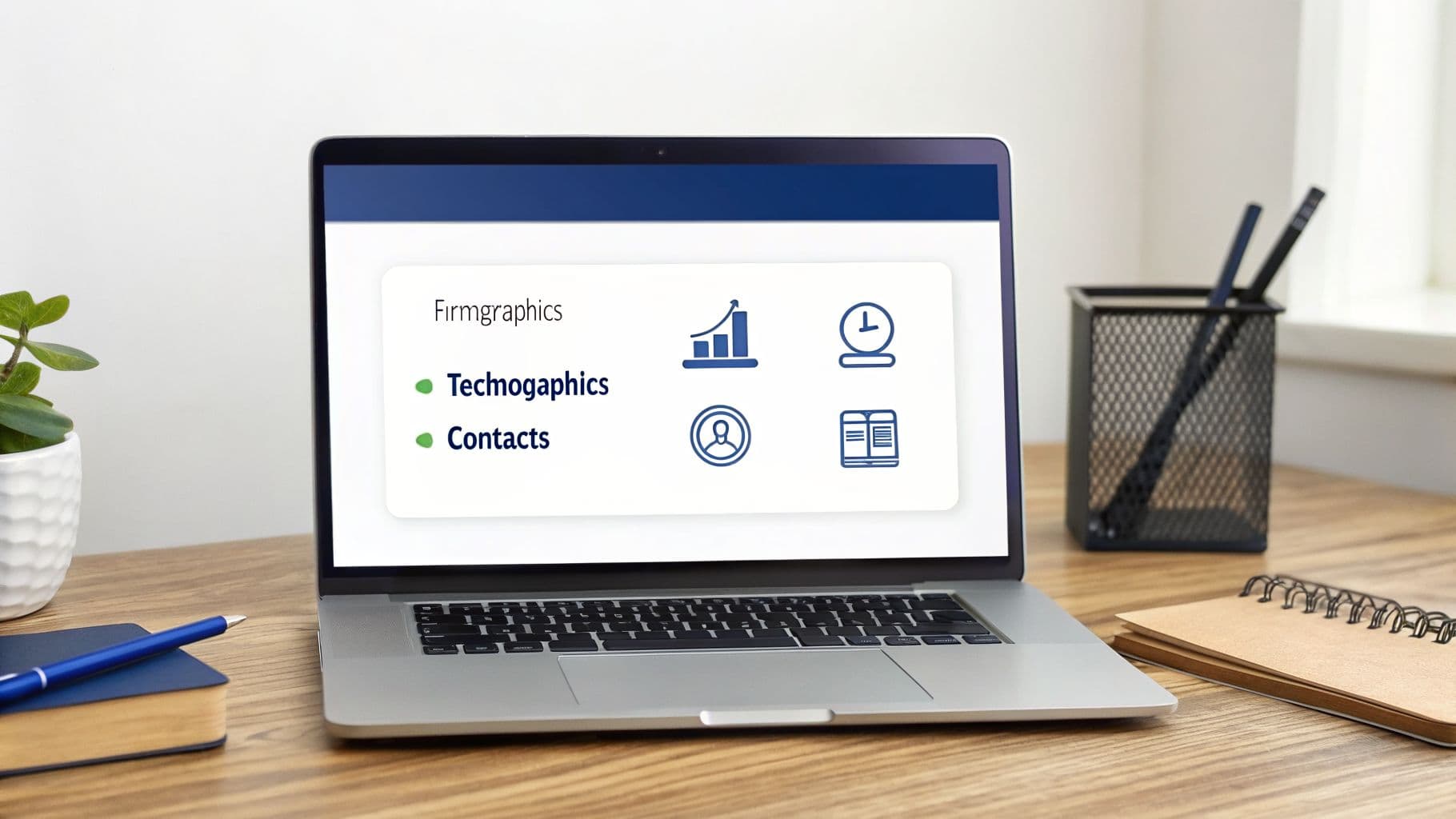 A laptop on a wooden desk displaying data enrichment software for firmographics, technographics, and contacts.