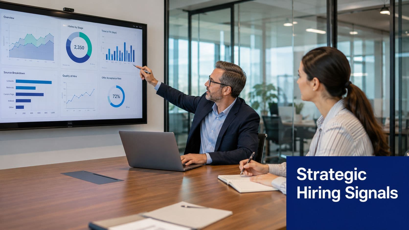 A professional man presenting recruitment data metrics on a digital screen to a colleague in an office.
