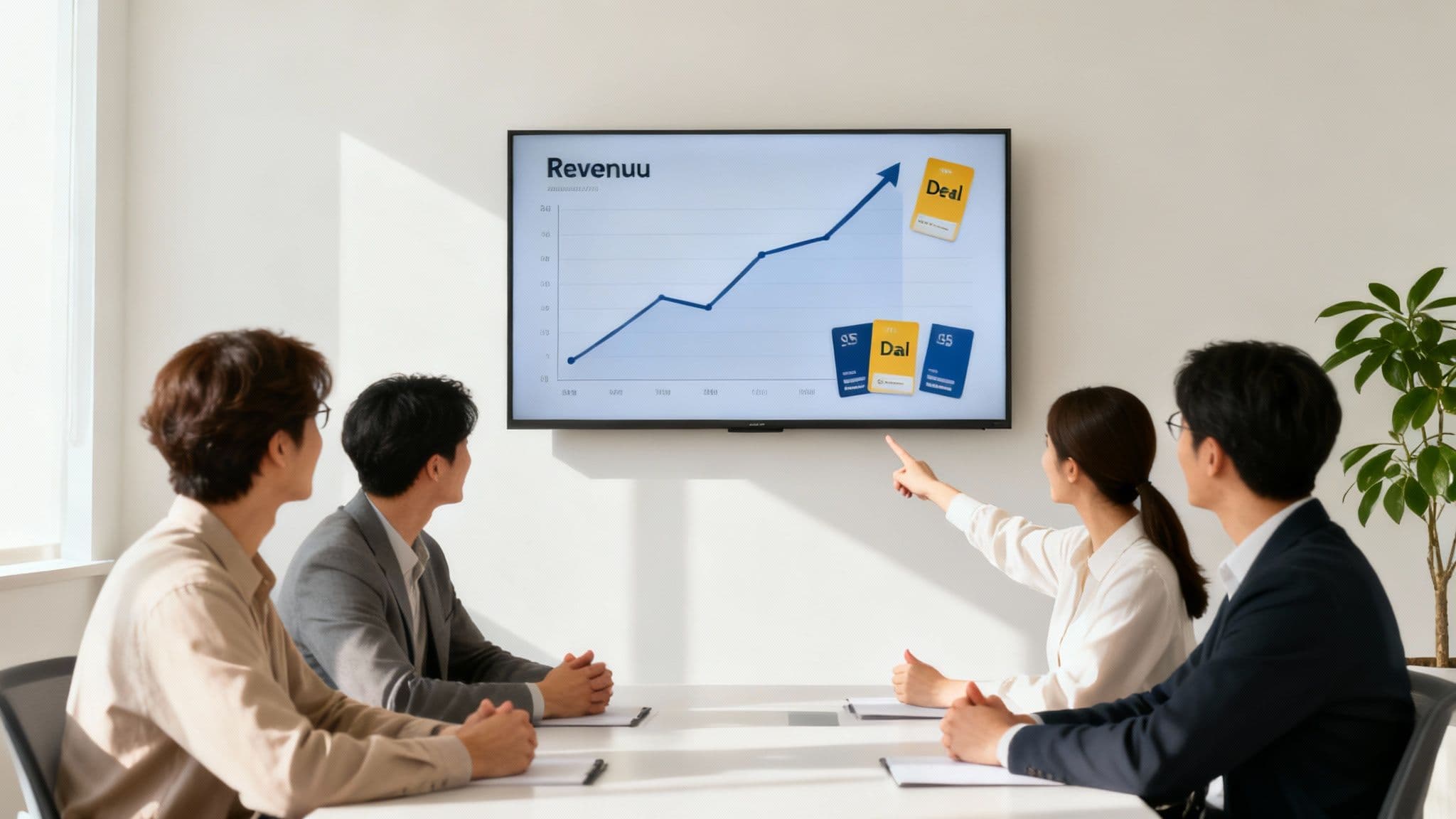 A group of sales professionals collaborating around a screen displaying deal intelligence data and analytics.