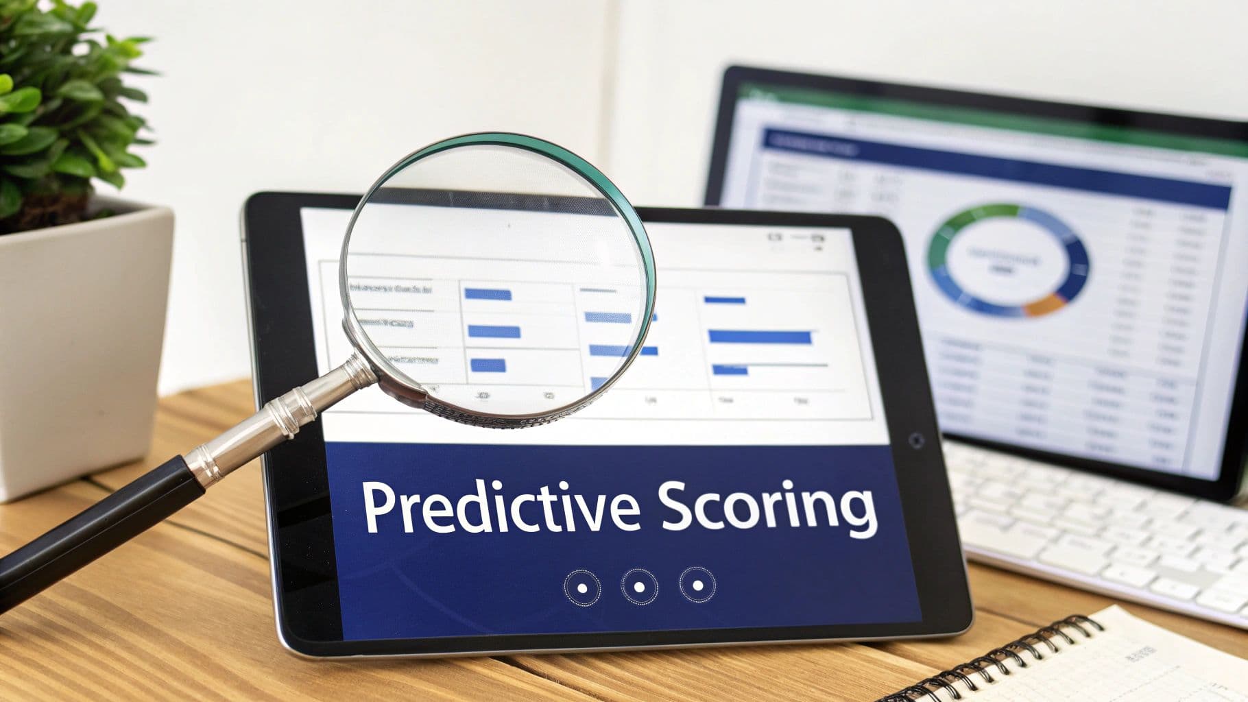 A magnifying glass over a tablet displaying 'Predictive Scoring' with a laptop and charts in the background.