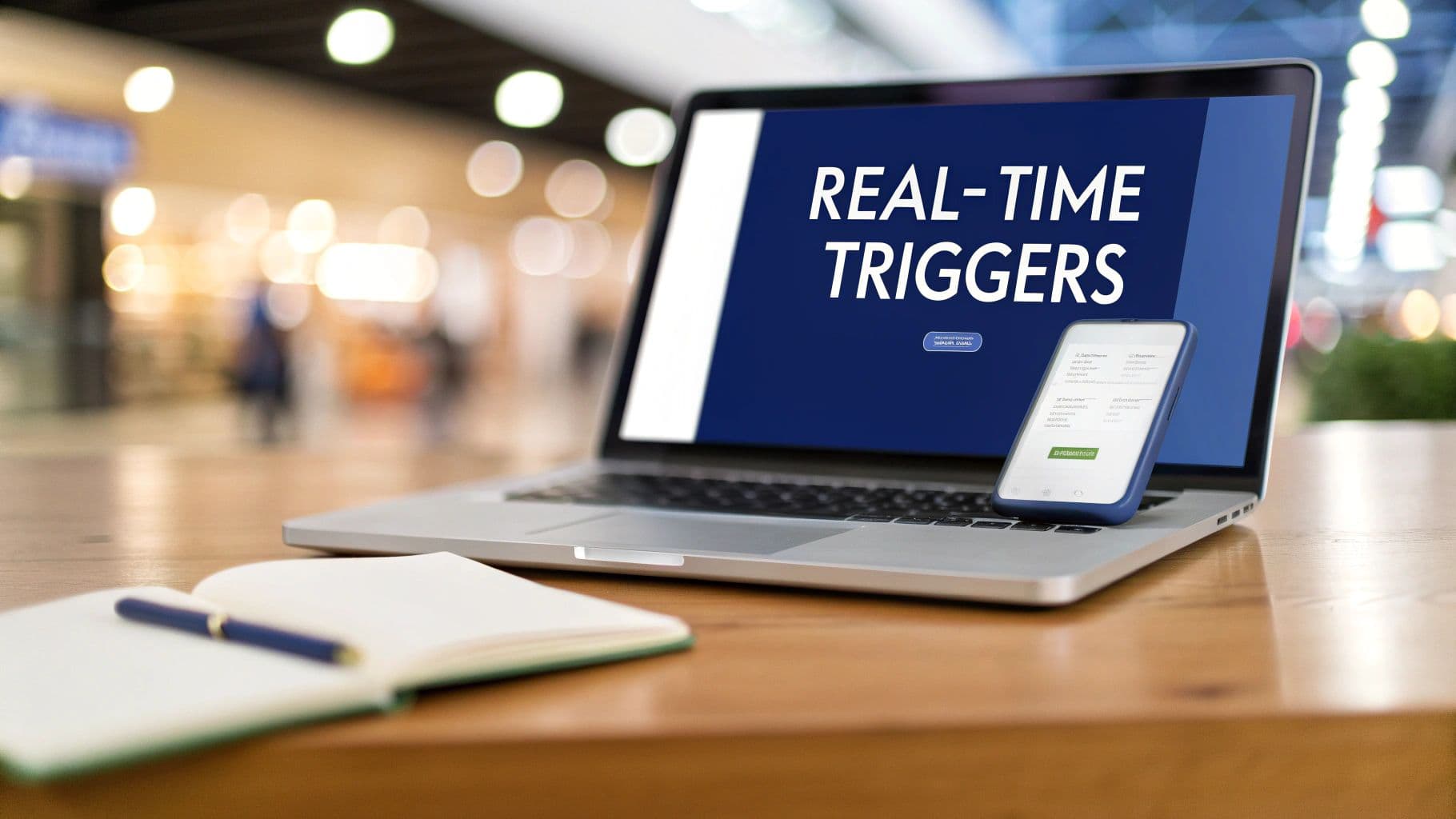 A laptop screen displays 'REAL-TIME TRIGGERS' with a smartphone and open notebook on a table.