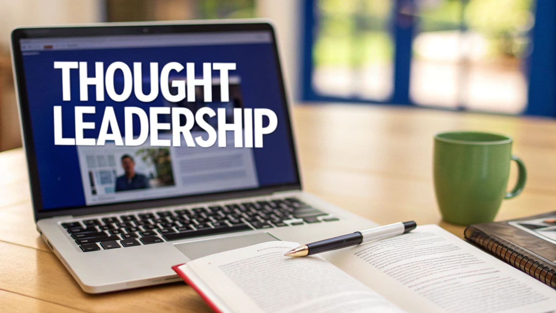 A laptop displaying 'THOUGHT LEADERSHIP' with an open book, pen, and green mug on a wooden table.