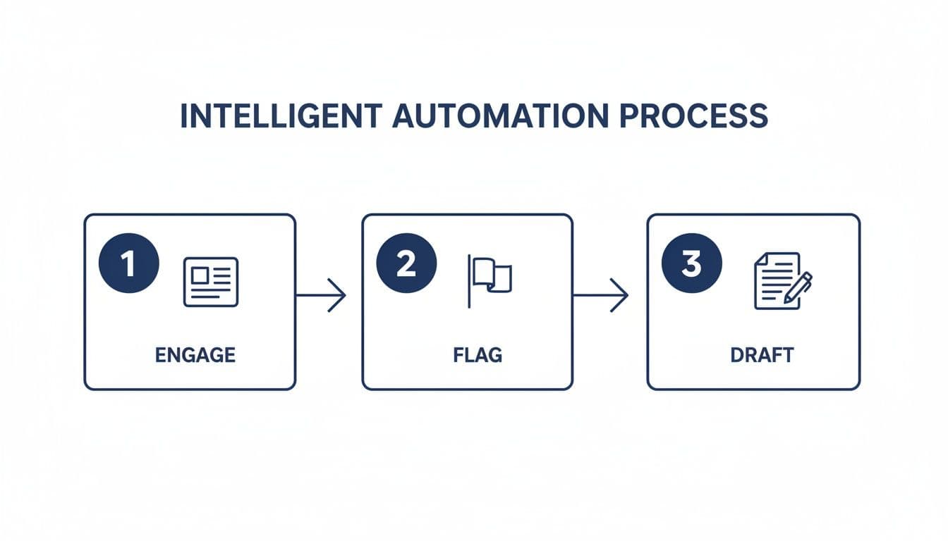 A diagram illustrating a three-step intelligent automation process: Engage, Flag, and Draft, with icons.