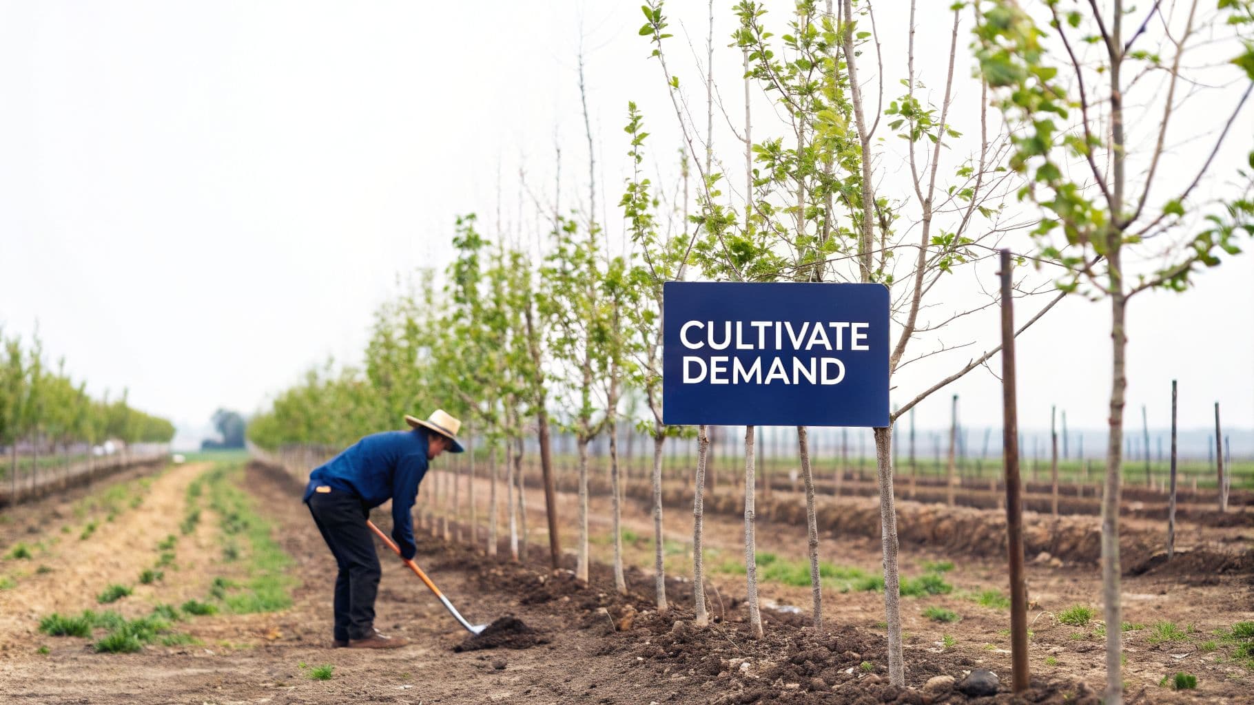 A farmer in a hat cultivates soil in an orchard, next to a sign saying 'CULTIVATE DEMAND'.