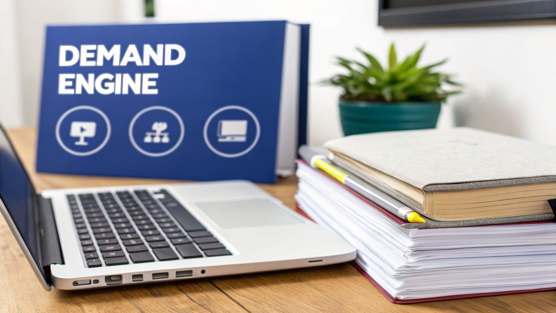 A modern desk with a laptop, stacked notebooks, a plant, and a blue 'Demand Engine' binder.