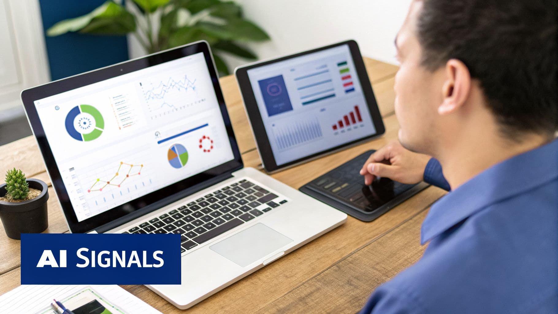 Man analyzing business data visualizations on a laptop and tablet, working on AI signals.