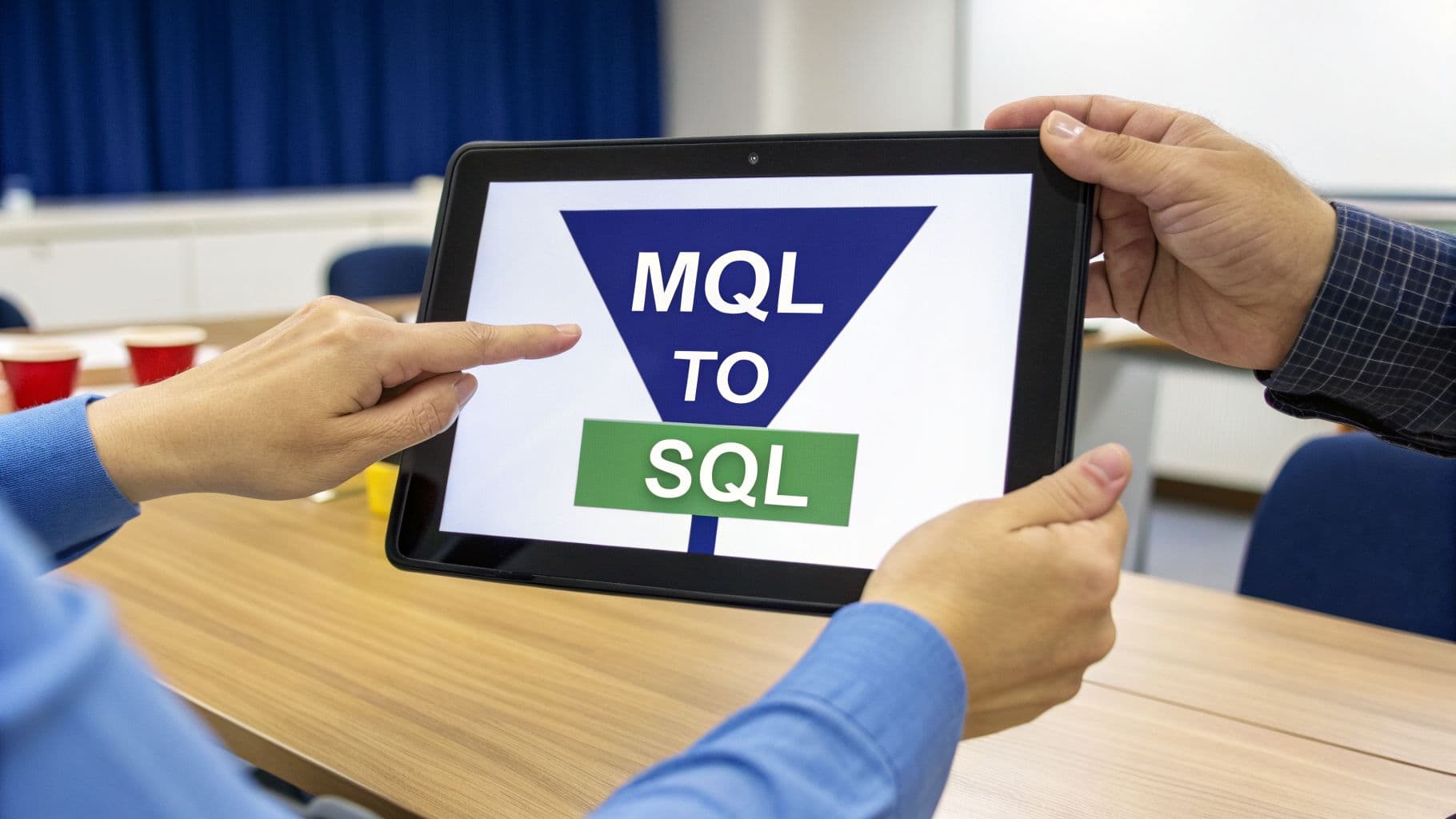 Hands holding a tablet displaying 'MQL TO SQL' graphic, symbolizing lead conversion.