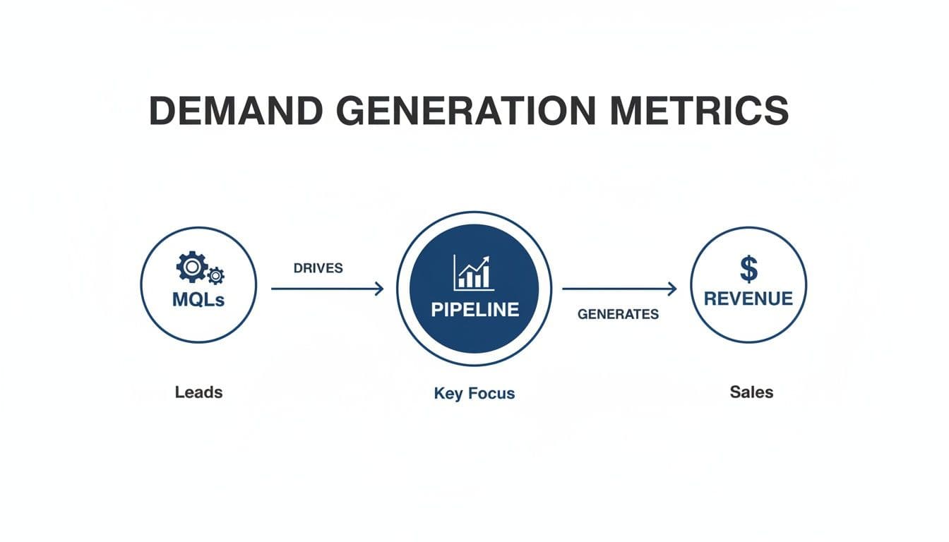 Demand generation metrics flowchart illustrating how MQLs drive pipeline to generate revenue and sales.