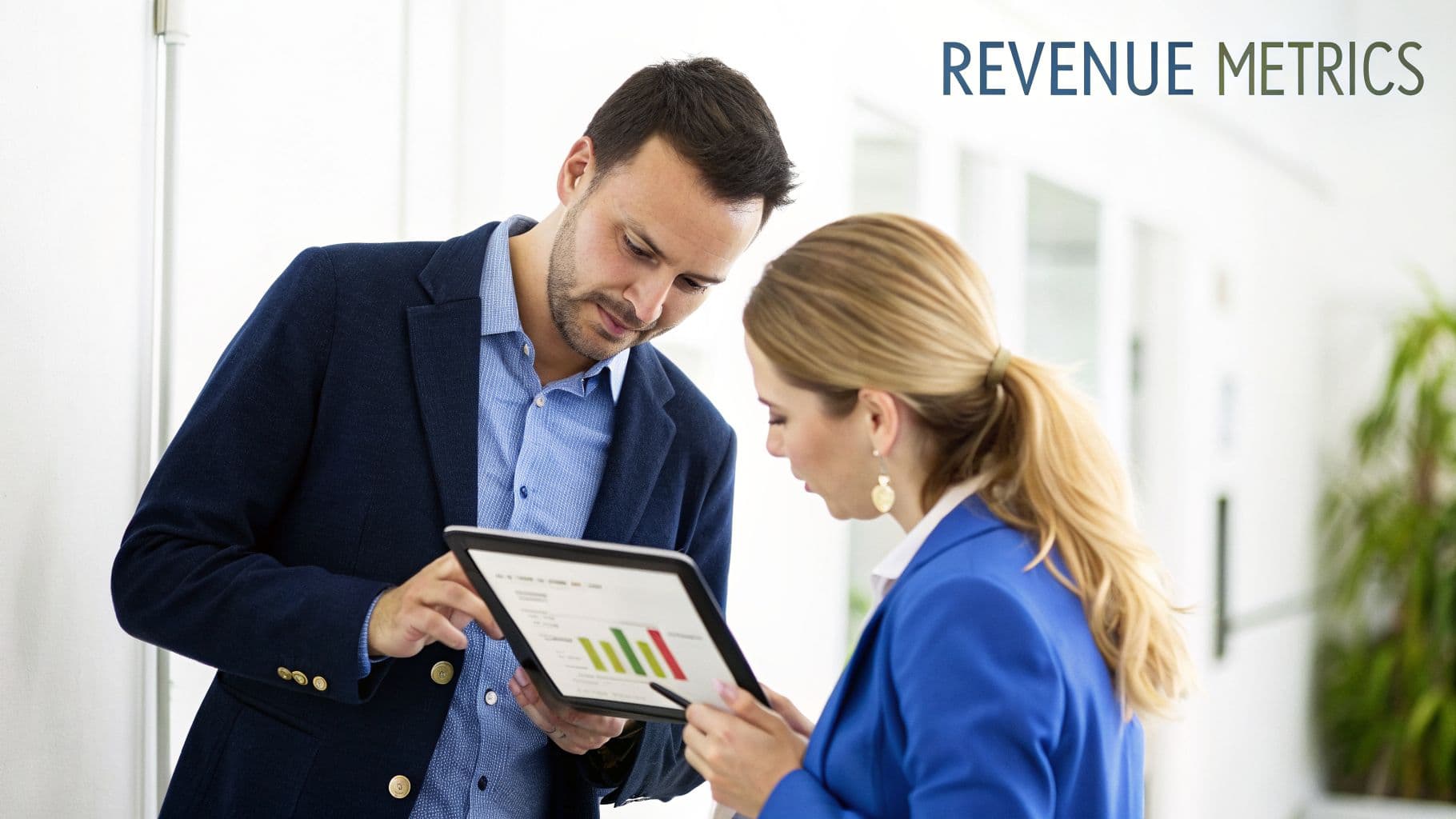 Two business colleagues analyze revenue metrics on a digital tablet, discussing performance data.