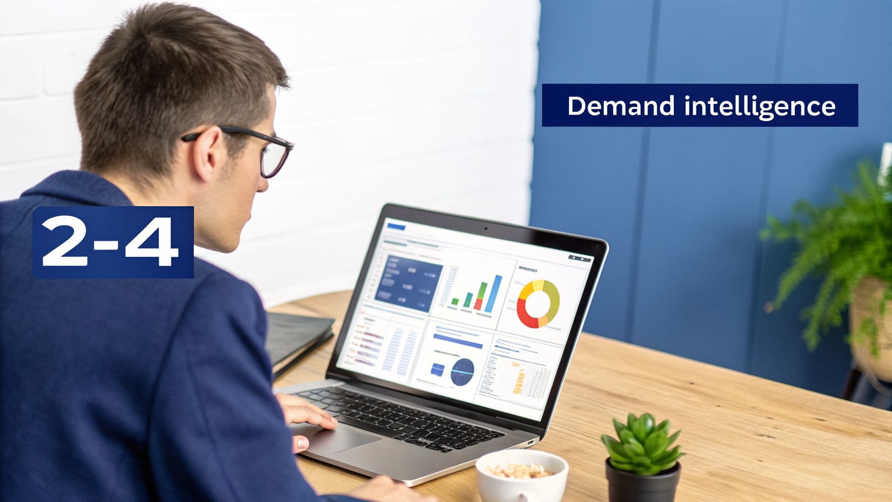 A man in glasses looks at a laptop displaying demand intelligence dashboards with charts and graphs.