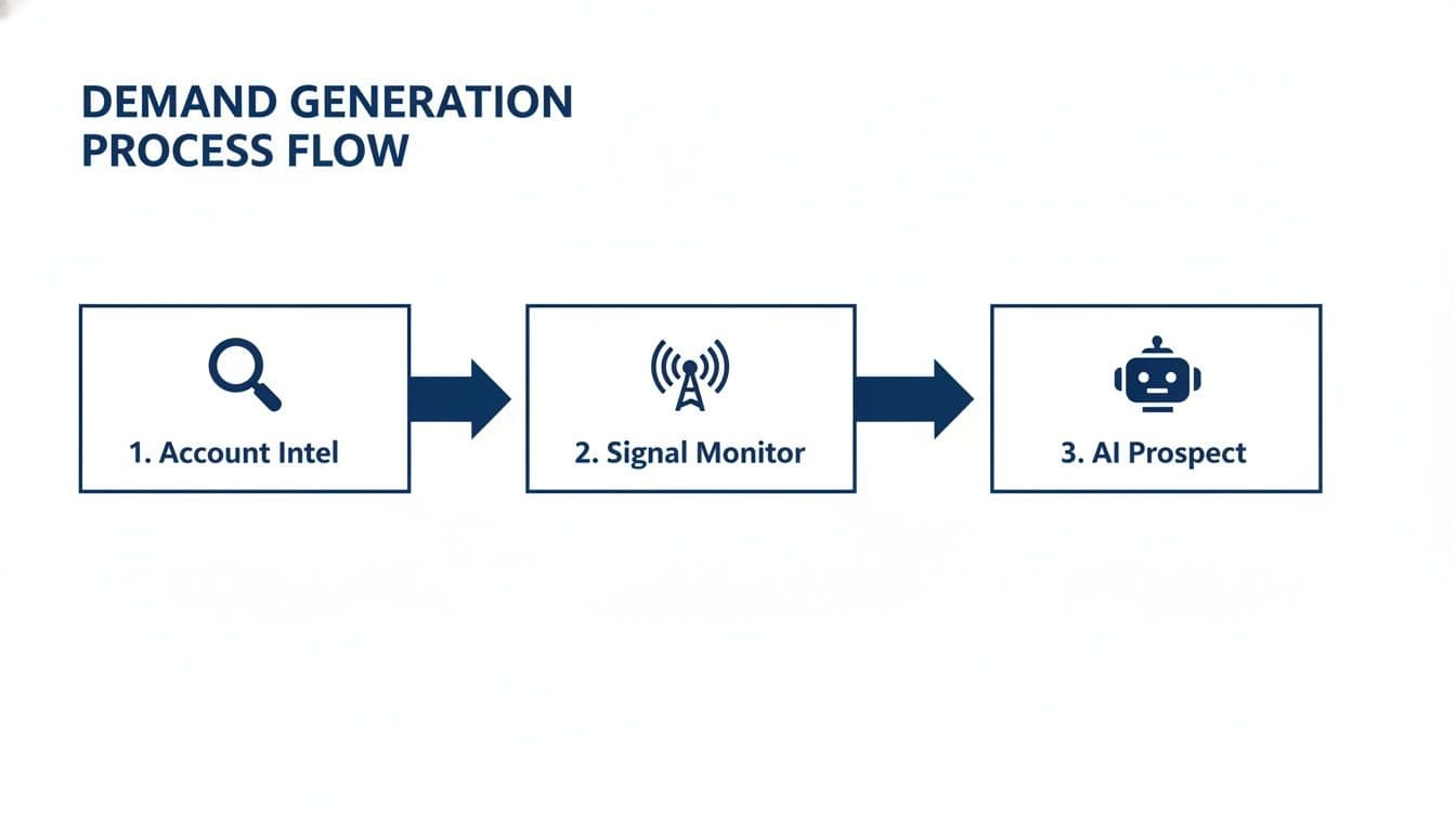 Flowchart illustrating the demand generation process: Account Intel, Signal Monitor, and AI Prospect steps.