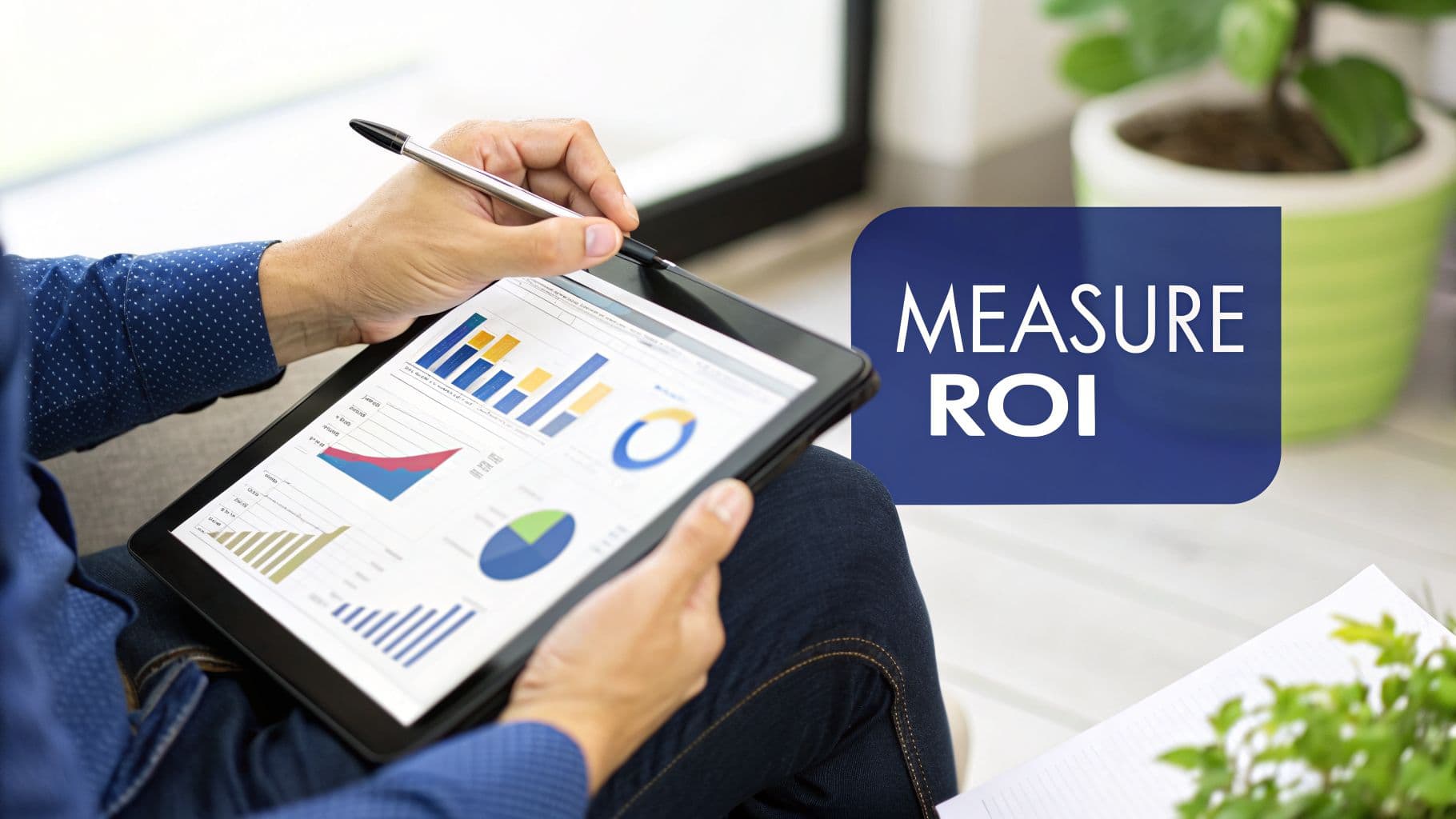 A person analyzing business charts and graphs on a tablet, with a 'MEASURE ROI' text overlay.