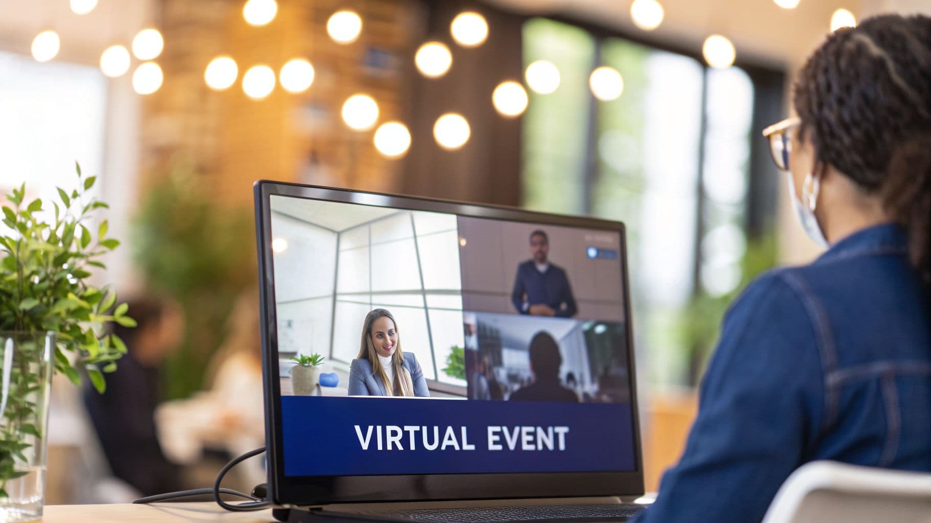 Rear view of a person in a mask watching a virtual event on a laptop screen with multiple video calls.