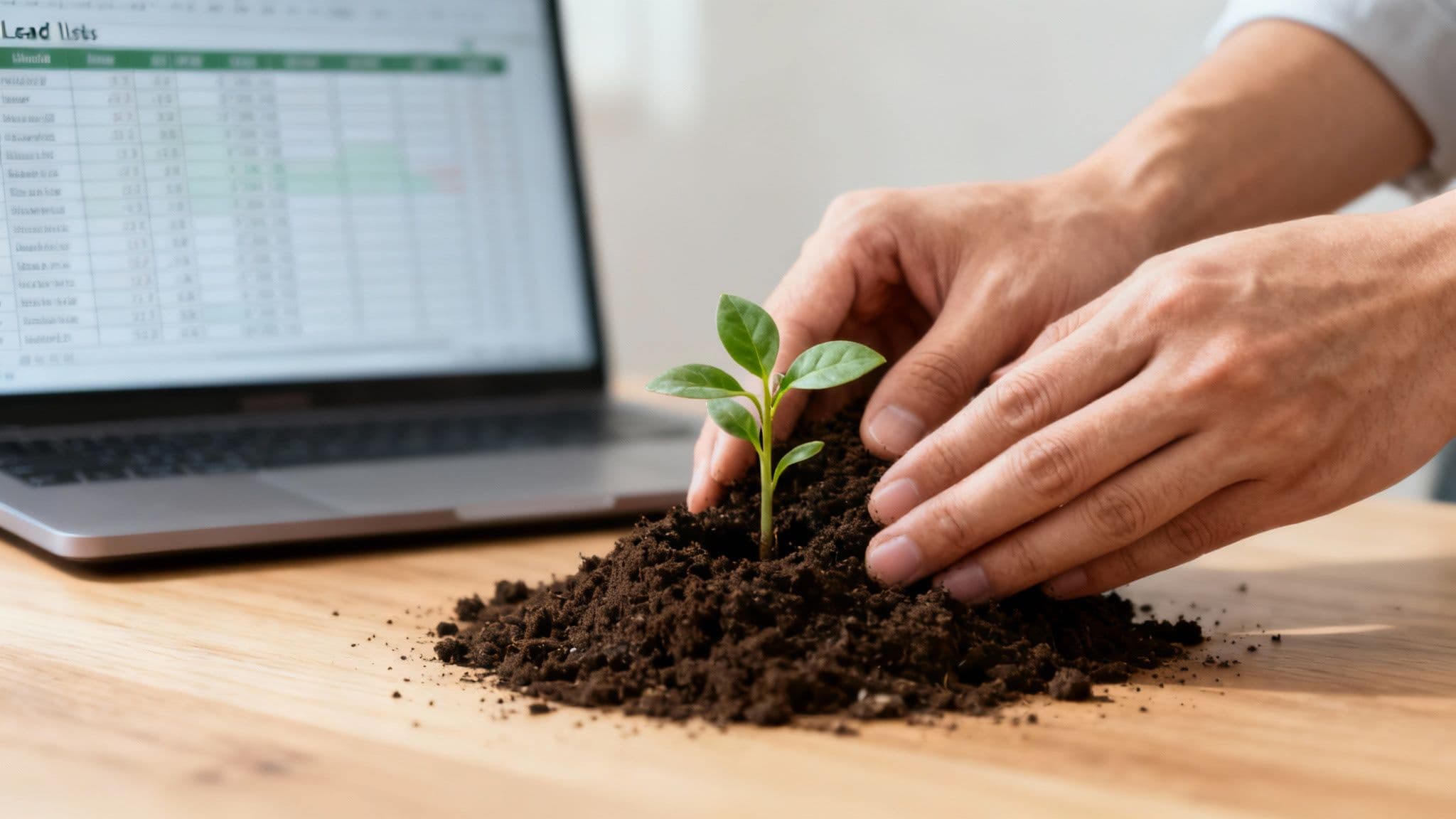 Hands planting a small green sprout in soil on a wooden desk with a laptop showing "Lead lists" in the background.