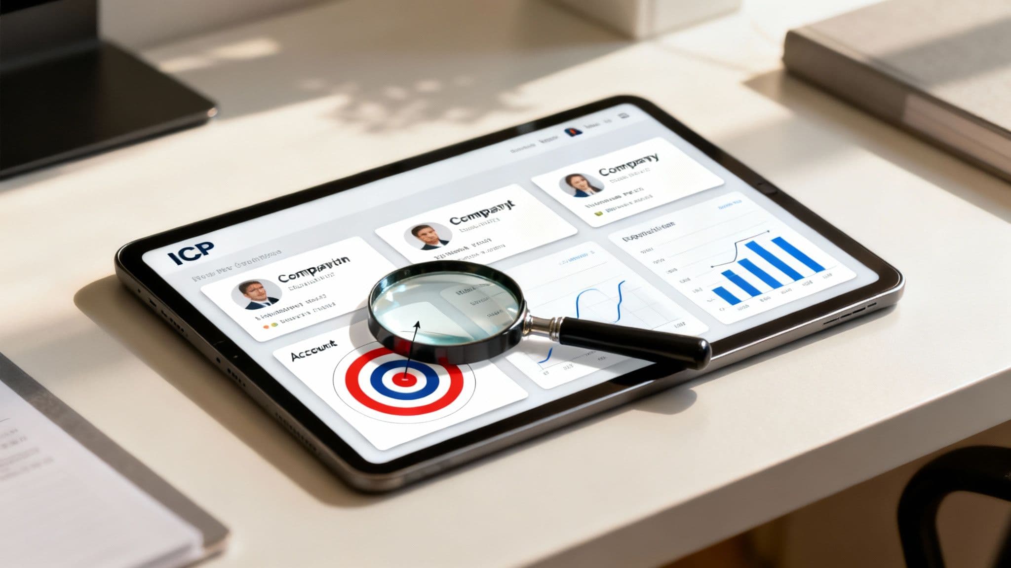 Close-up of a tablet displaying business intelligence dashboards, company overviews, and a target graphic, under a magnifying glass.