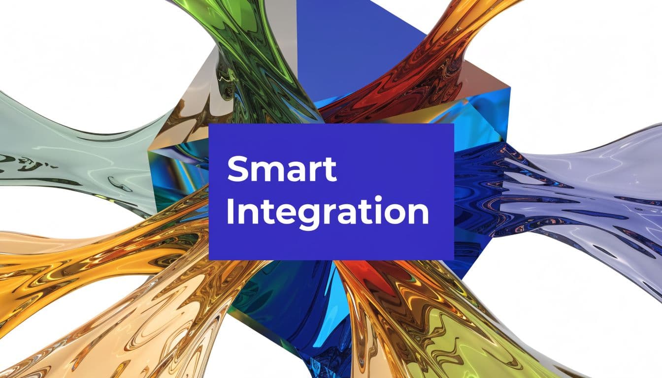 A modern 3D abstract graphic with colorful fluid shapes radiating from a central blue Smart Integration label.