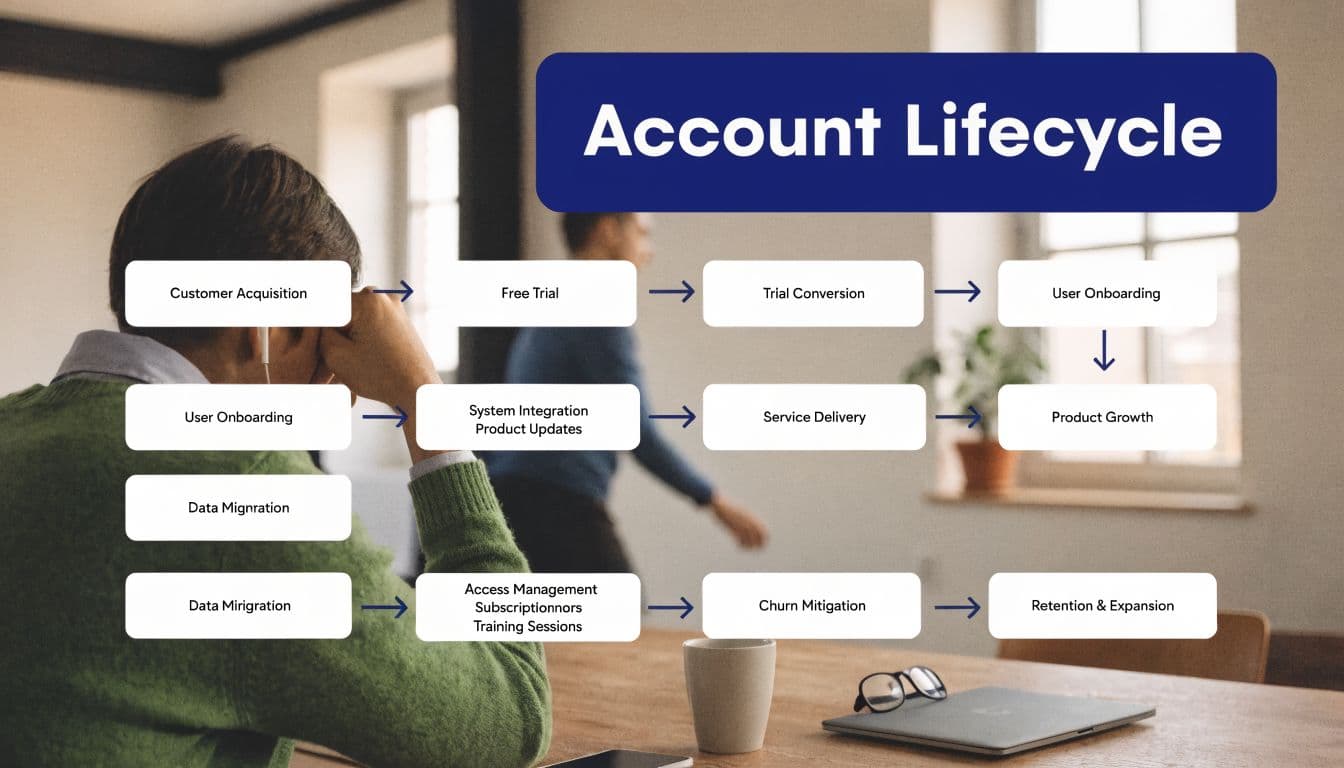 A visual flow chart illustrating the stages of an account lifecycle from acquisition to retention and expansion.