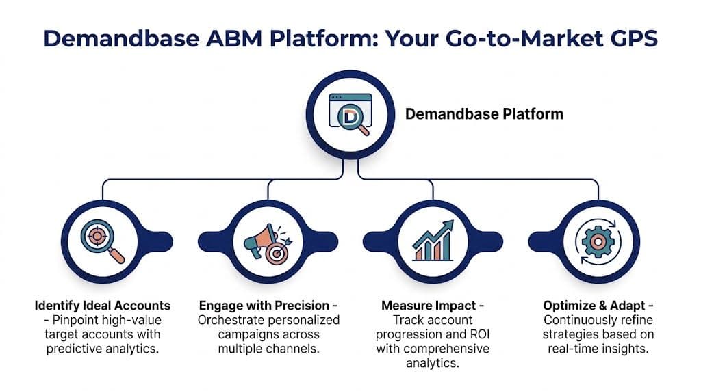 A diagram of the Demandbase ABM platform showing steps to identify, engage, measure, and optimize accounts.