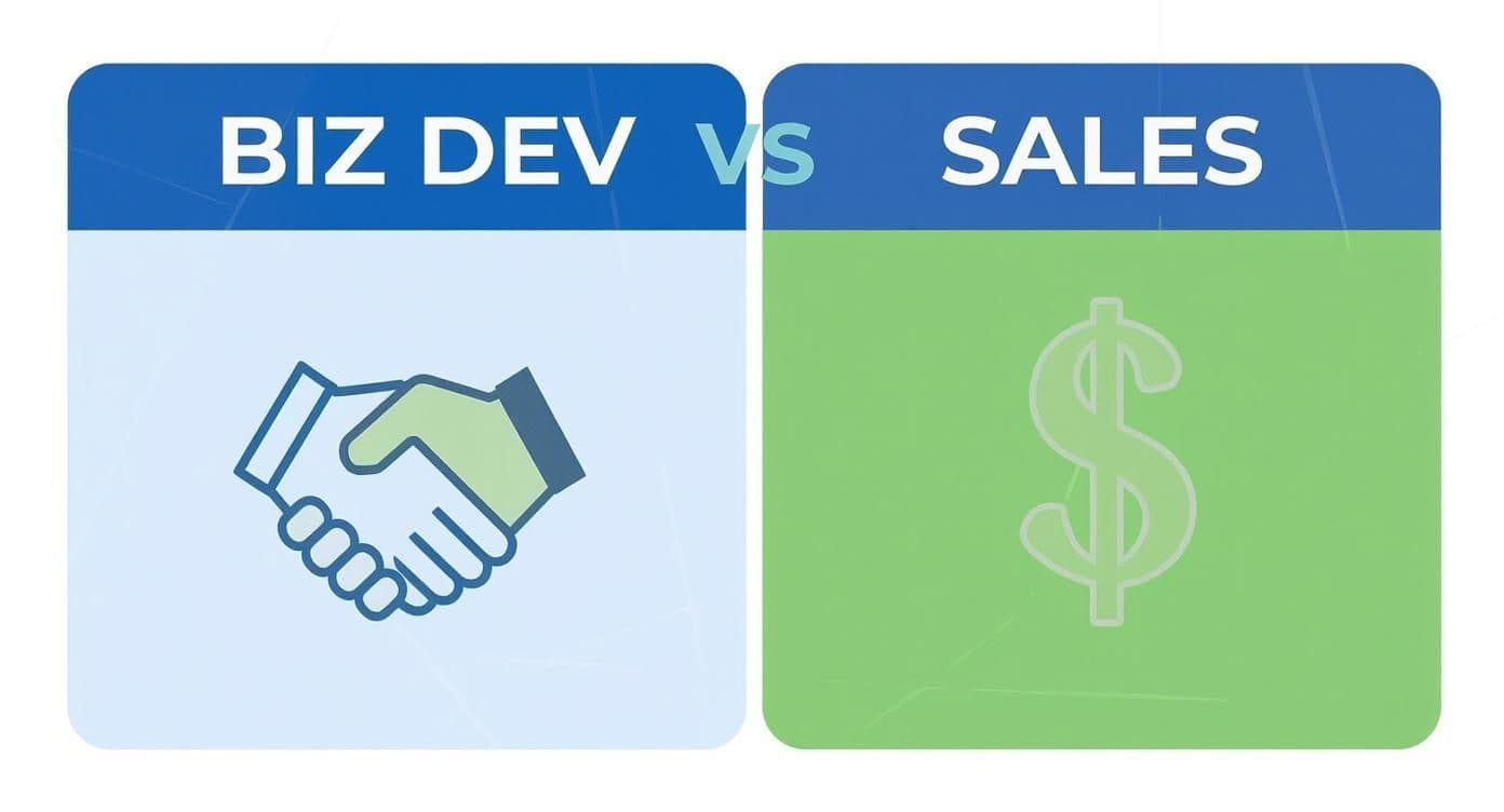 Visual comparison of business development represented by handshake versus sales represented by dollar sign