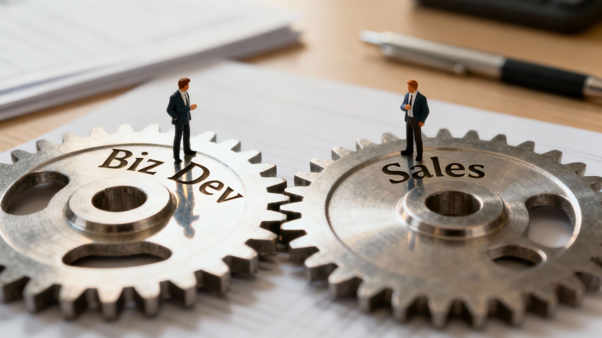 Two miniature businessmen standing on interlocking gears labeled business development and sales representing collaboration