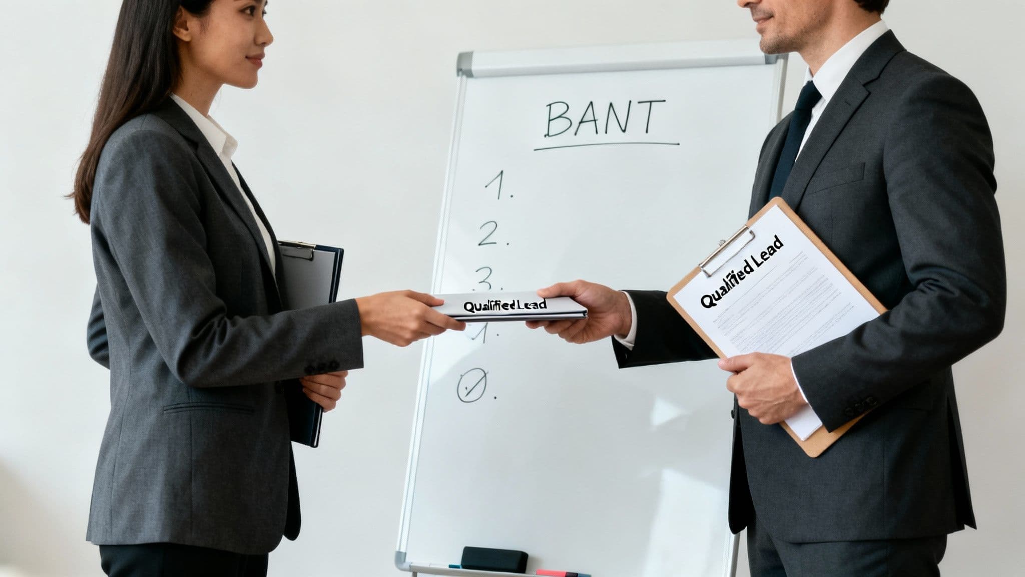 Two business professionals exchanging qualified lead documents during BANT sales methodology meeting