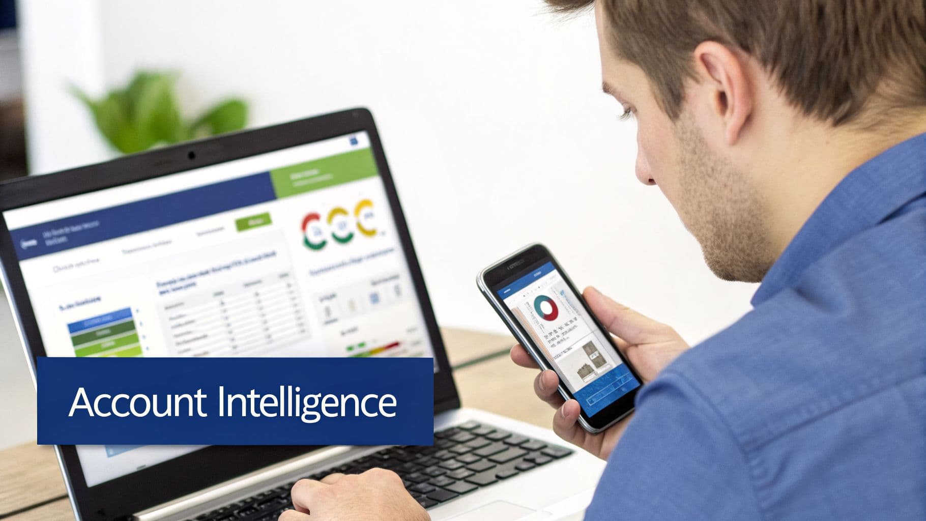A man analyzing data on a laptop and smartphone, featuring charts and 'Account Intelligence' text.