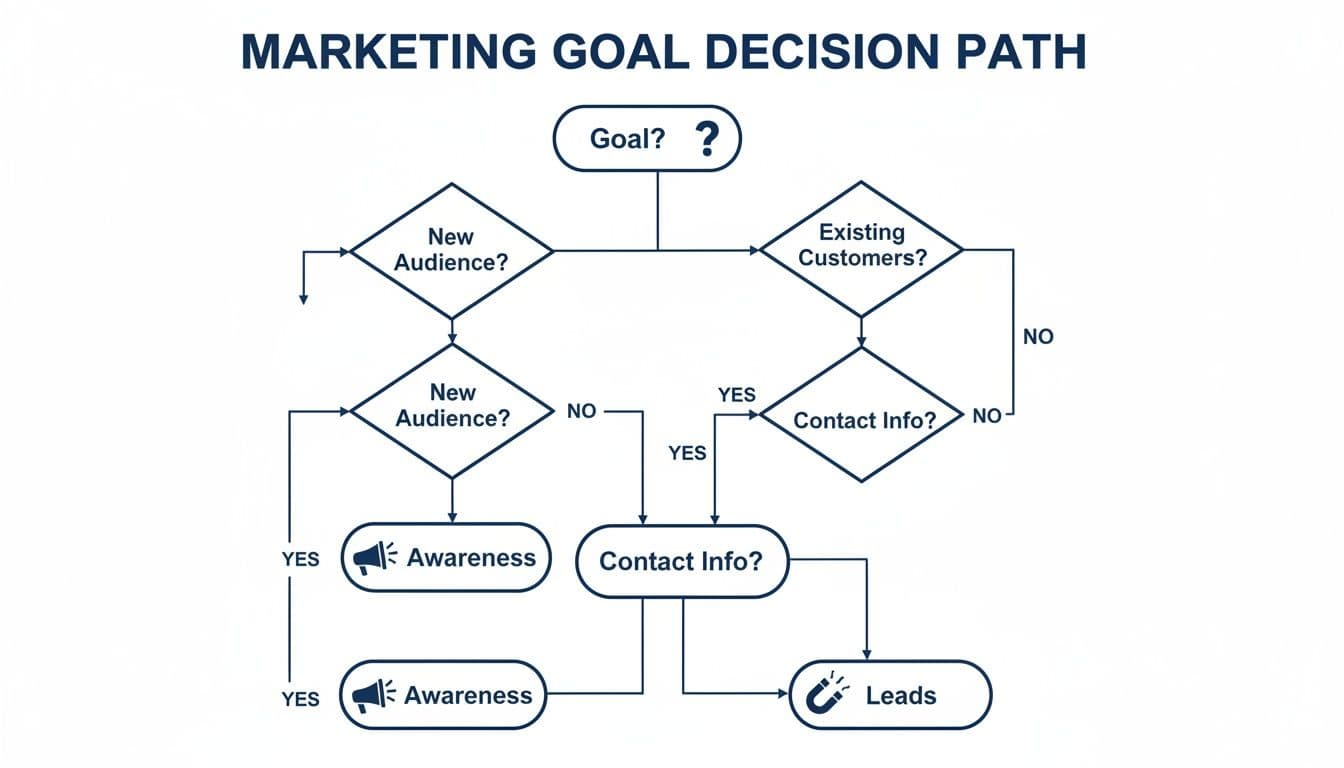 Flowchart detailing a marketing goal decision path, evaluating new audience, existing customers, awareness, and leads.