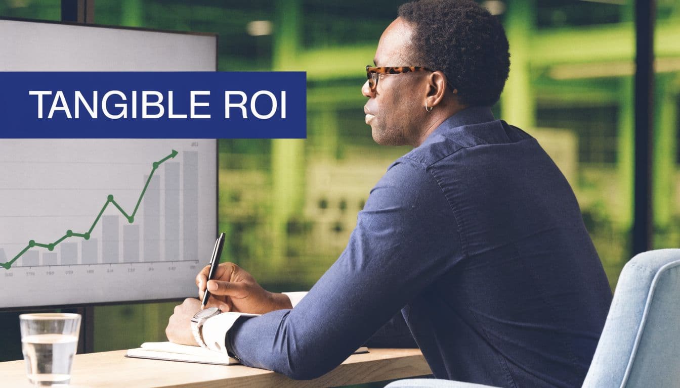 A professional man reviewing data on a computer screen displaying a rising financial growth chart.