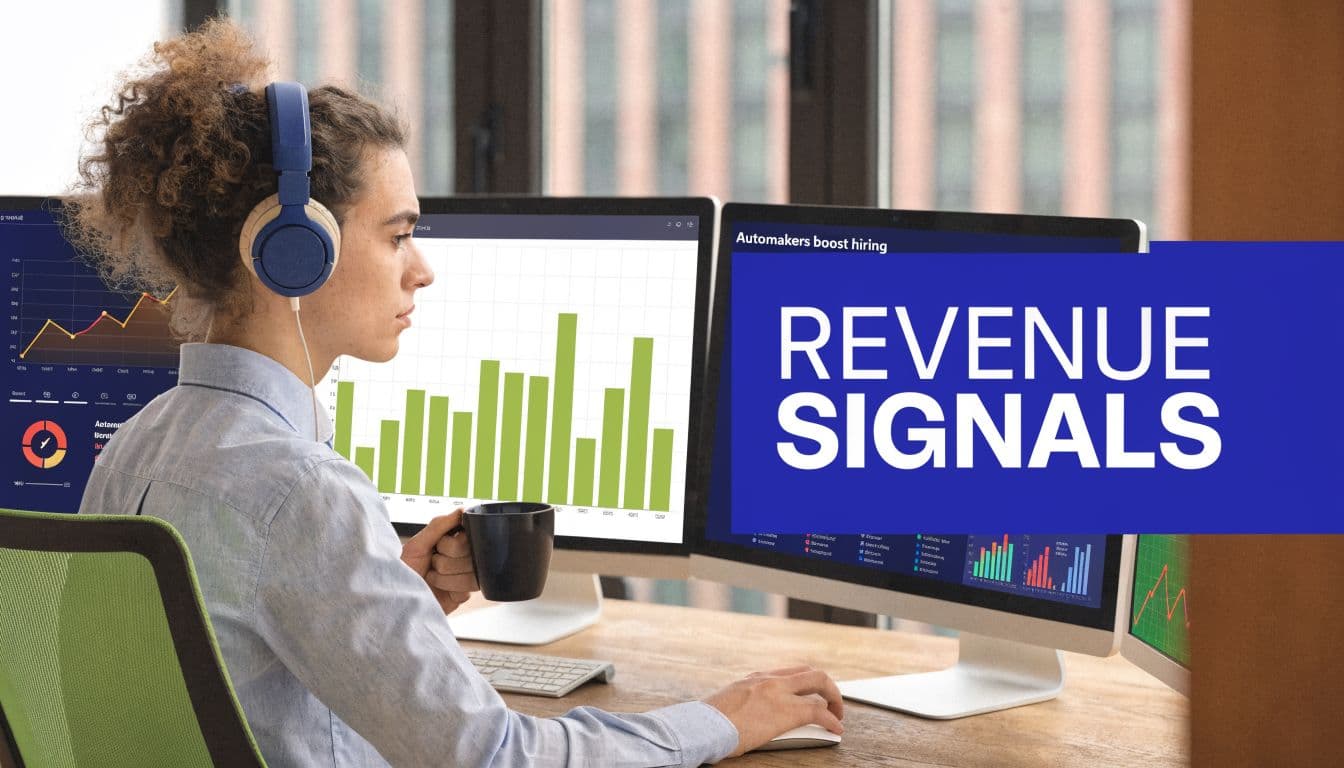 A professional analyzing data and graphs on multiple computer screens while wearing headphones in an office.