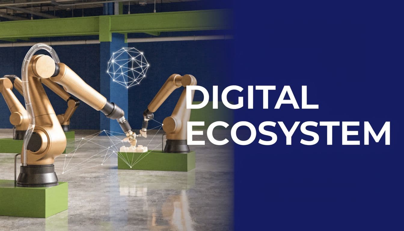 Robotic arms interacting with digital data structures in a modern industrial manufacturing factory environment.