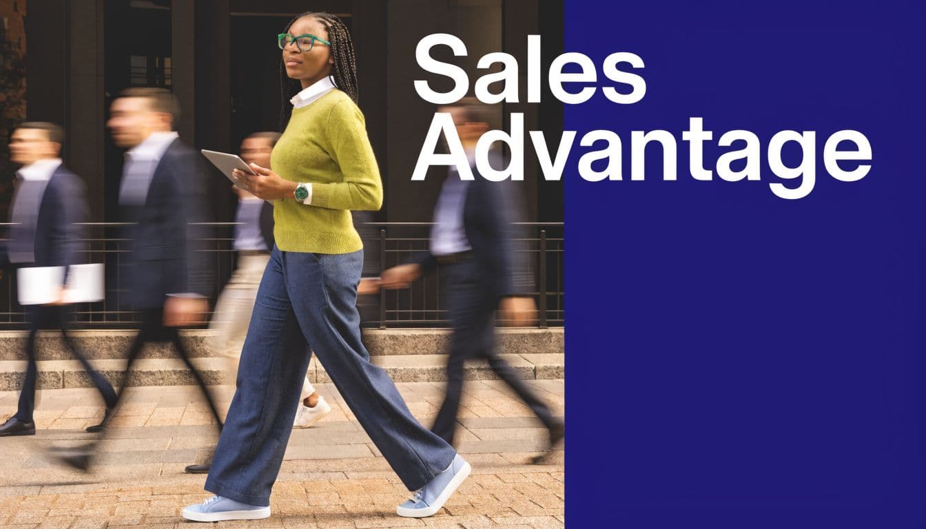 A professional woman holding a tablet walking through a city with blurred colleagues in the background.