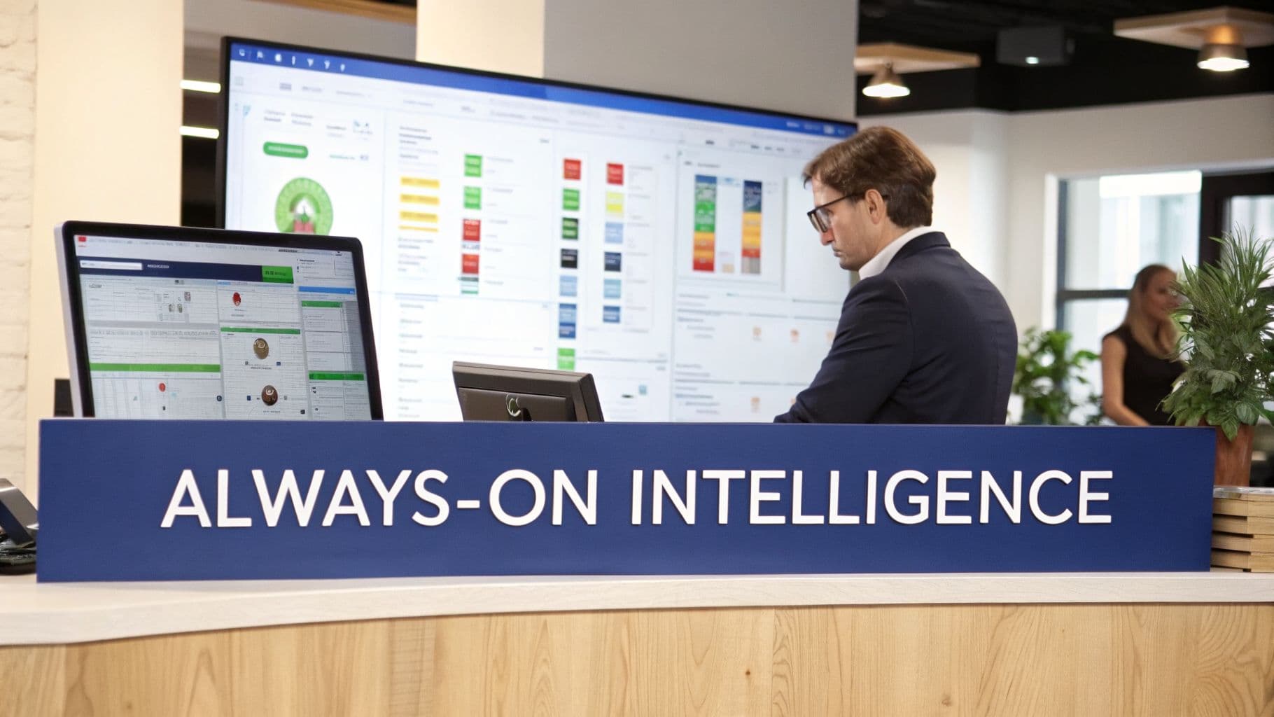 A professional man in glasses views data on a large screen, next to a laptop and a sign reading 'ALWAYS-ON INTELLIGENCE' in a modern office.