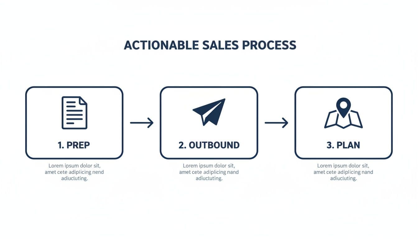 An infographic illustrating an actionable sales process with three sequential steps: prep, outbound, and plan.