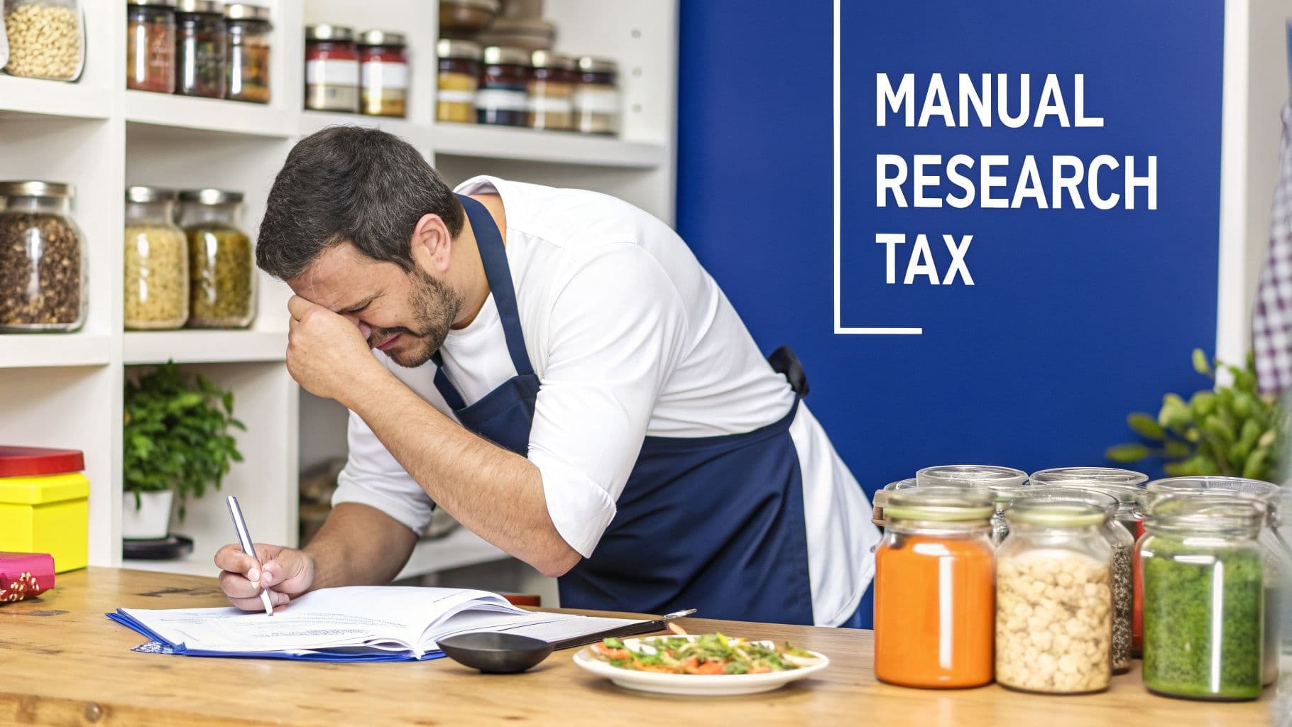 A stressed man in an apron reviews documents, with 'MANUAL RESEARCH TAX' displayed, suggesting financial strain.