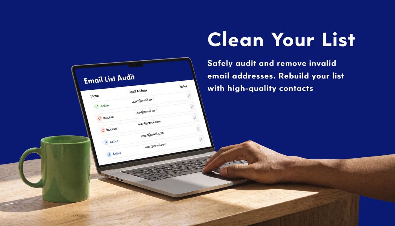 A person using a laptop to audit an email list for invalid addresses on a wooden desk.