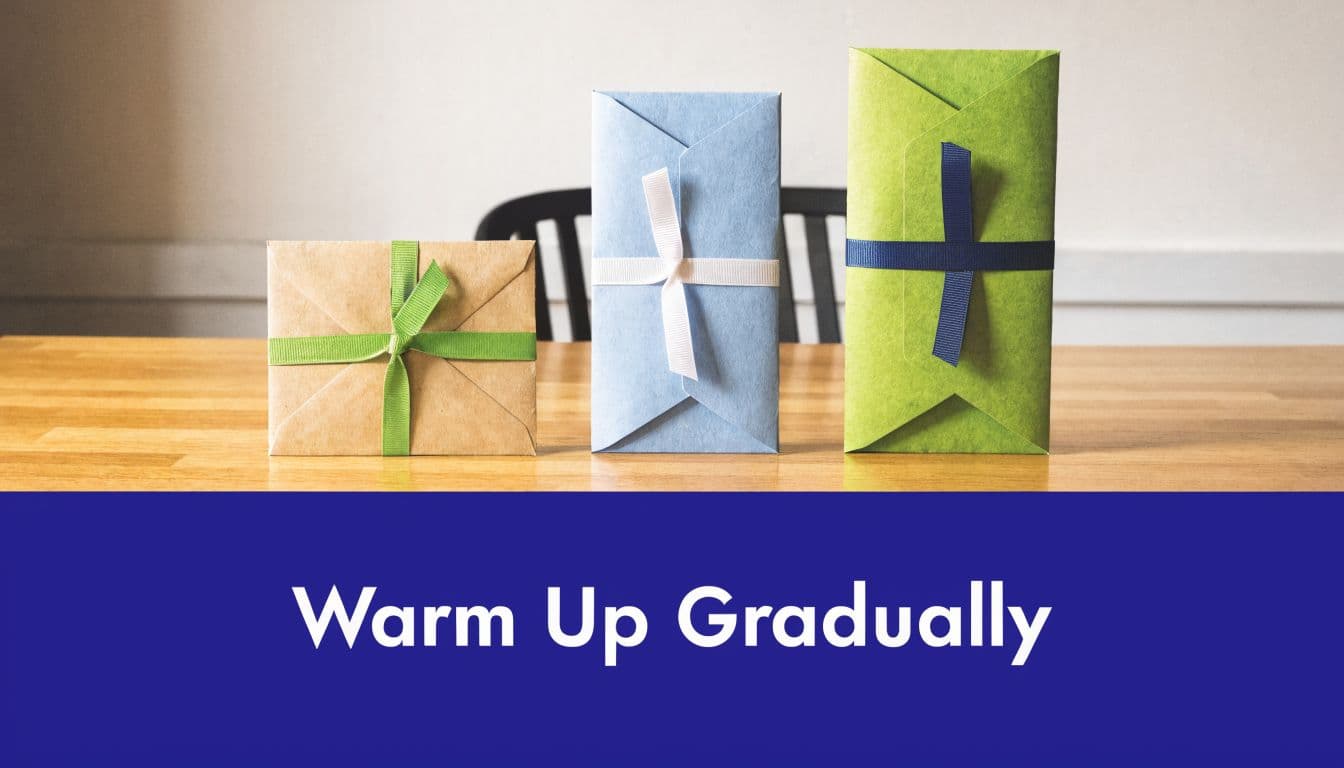 Three wrapped gift envelopes of varying colors and sizes sitting on a wooden table surface.