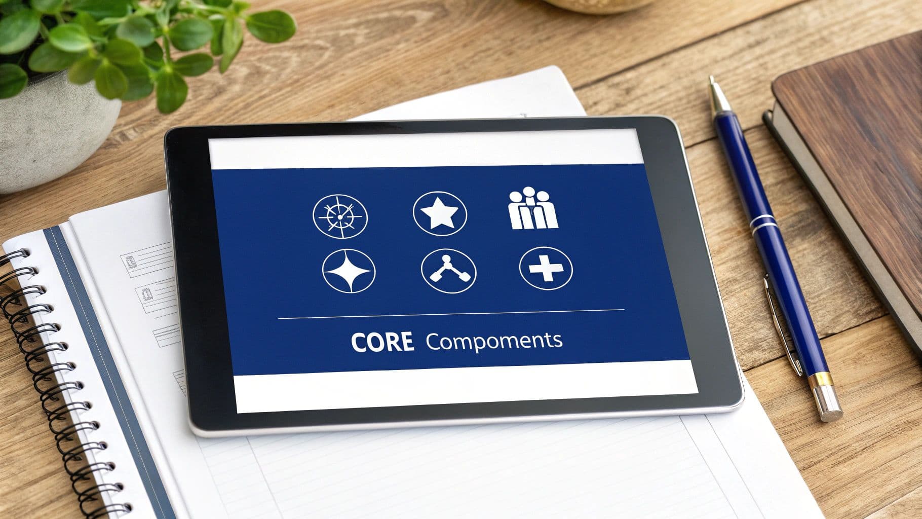 Tablet displaying 'CORE Components' presentation slide with icons, next to a pen and notebook.