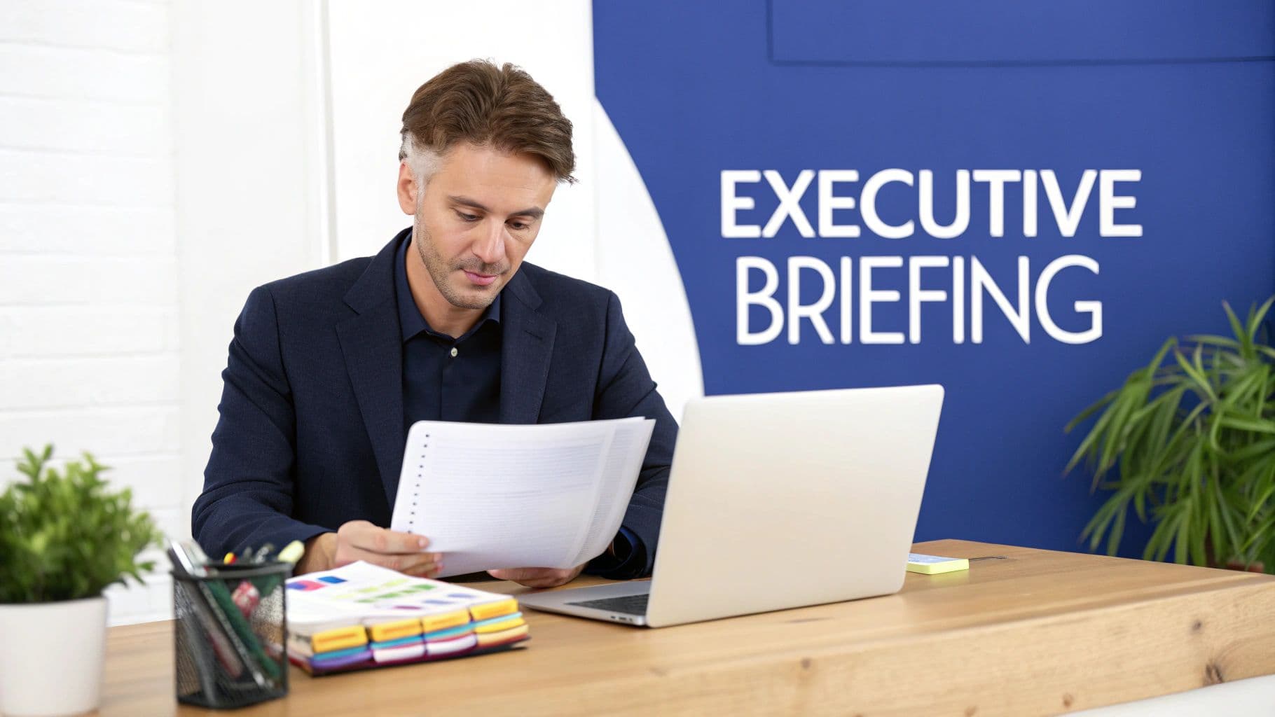 Professional man in a suit reading documents at a desk during an executive briefing.