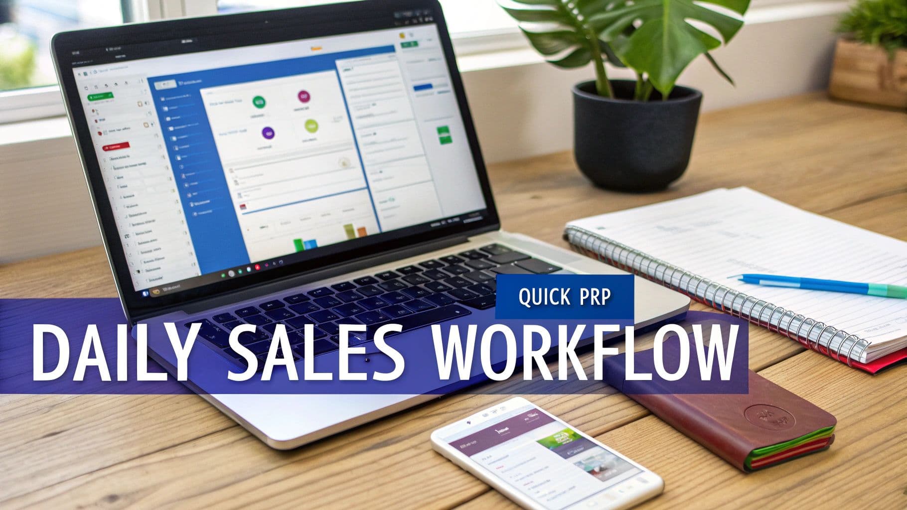 A business workspace with a laptop showing a sales workflow dashboard, smartphone, and notebook.