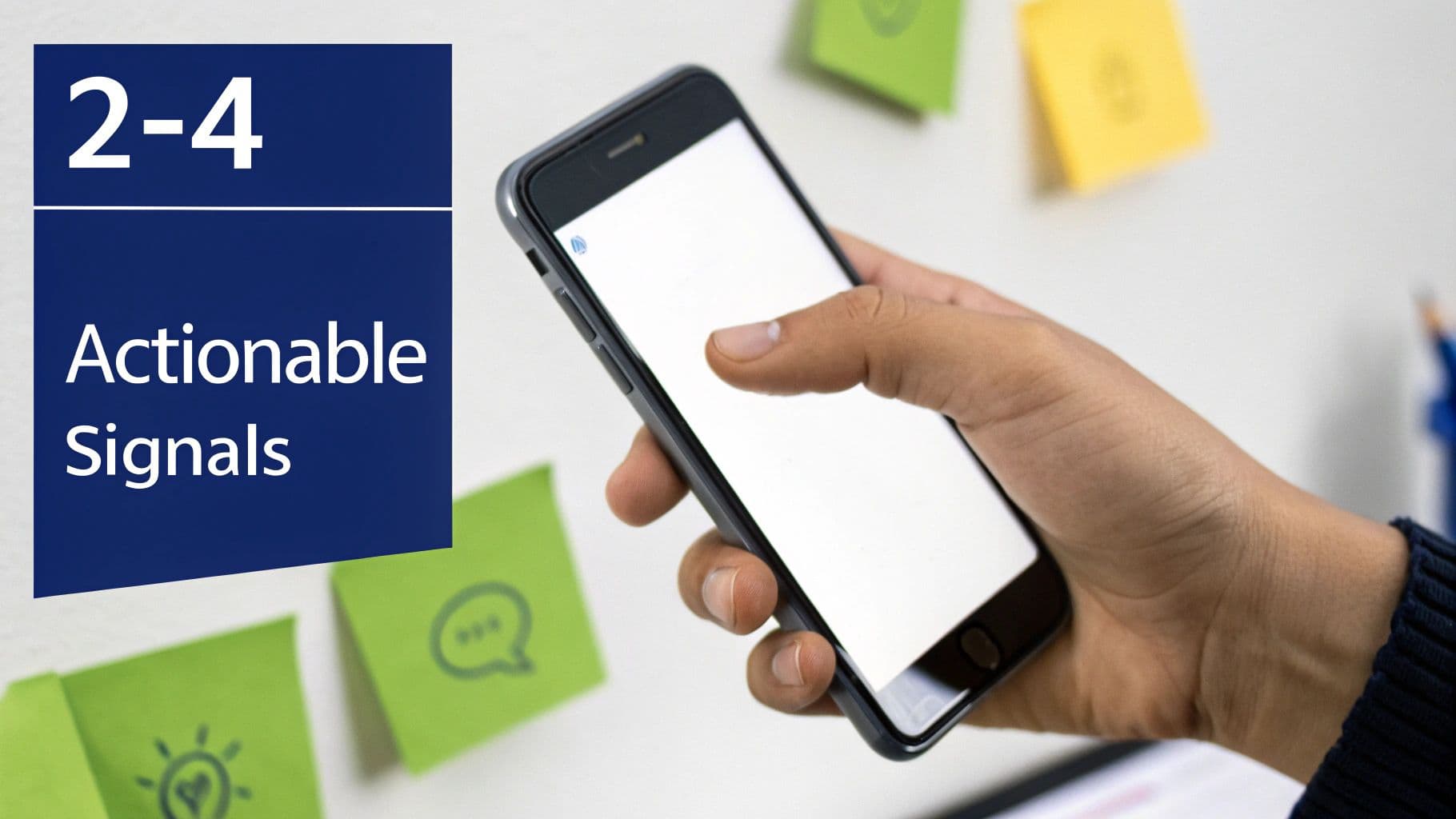 Person holding a smartphone, with a "2-4 Actionable Signals" sign and sticky notes in the background.