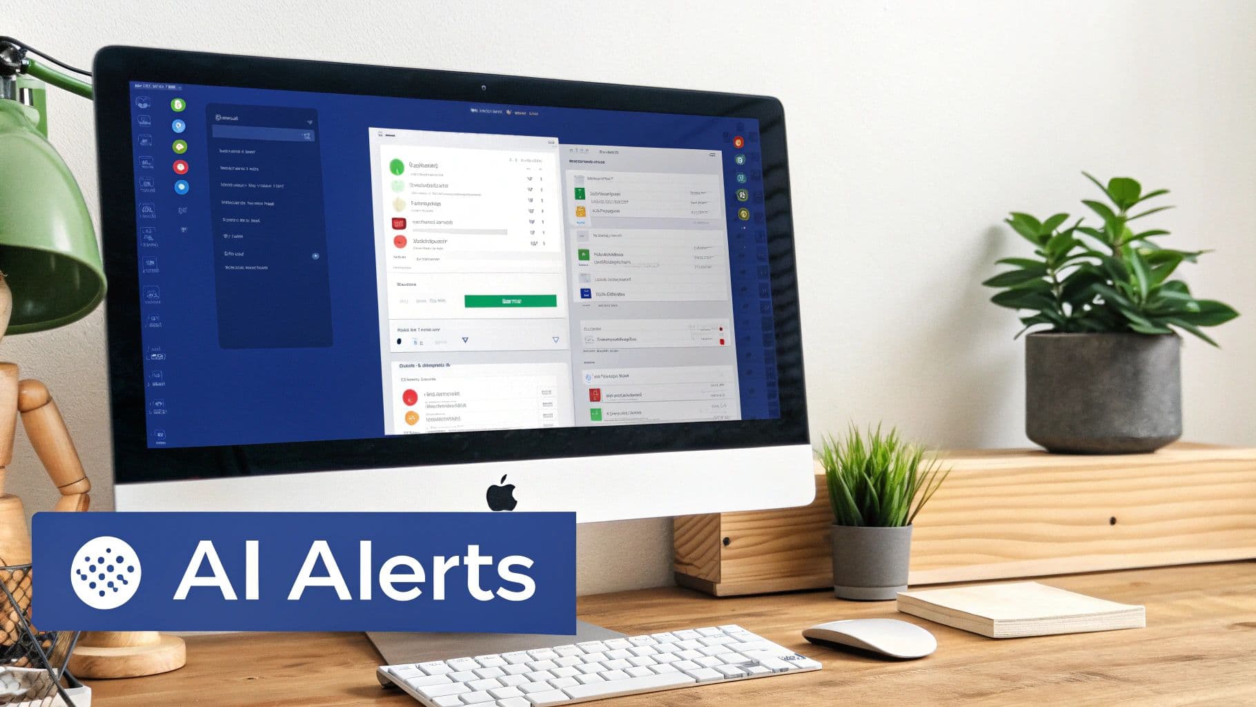 A sleek desktop computer displaying a blue AI software interface, keyboard, mouse, and potted plants on a wooden desk.