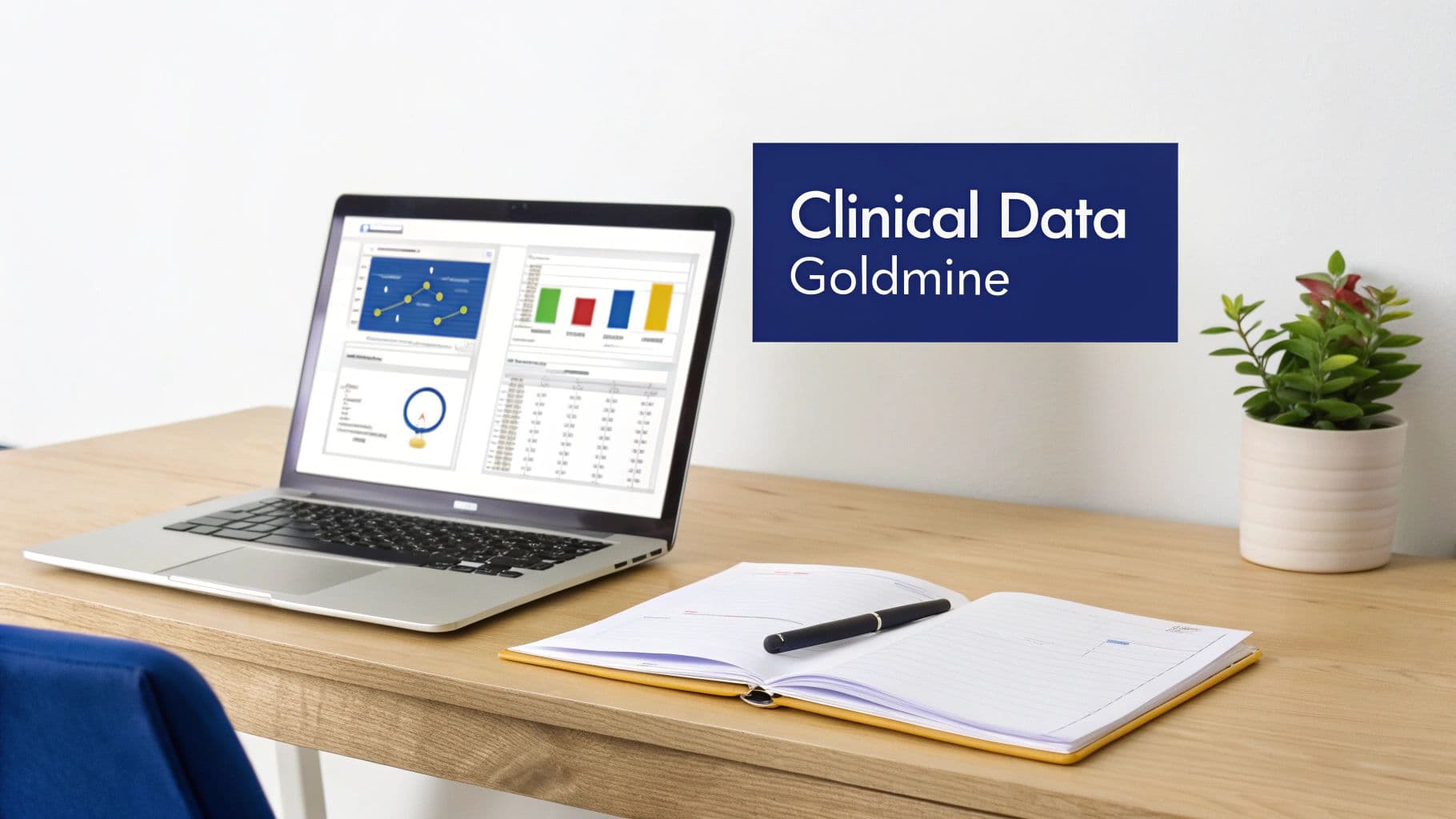 A laptop displaying a clinical data dashboard, an open notebook, and a plant on a wooden desk.