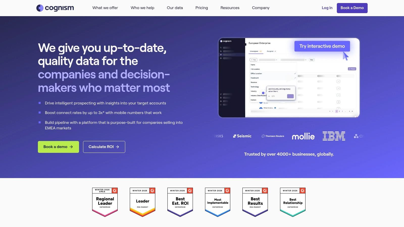 Cognism homepage promoting up-to-date company and decision-maker data
