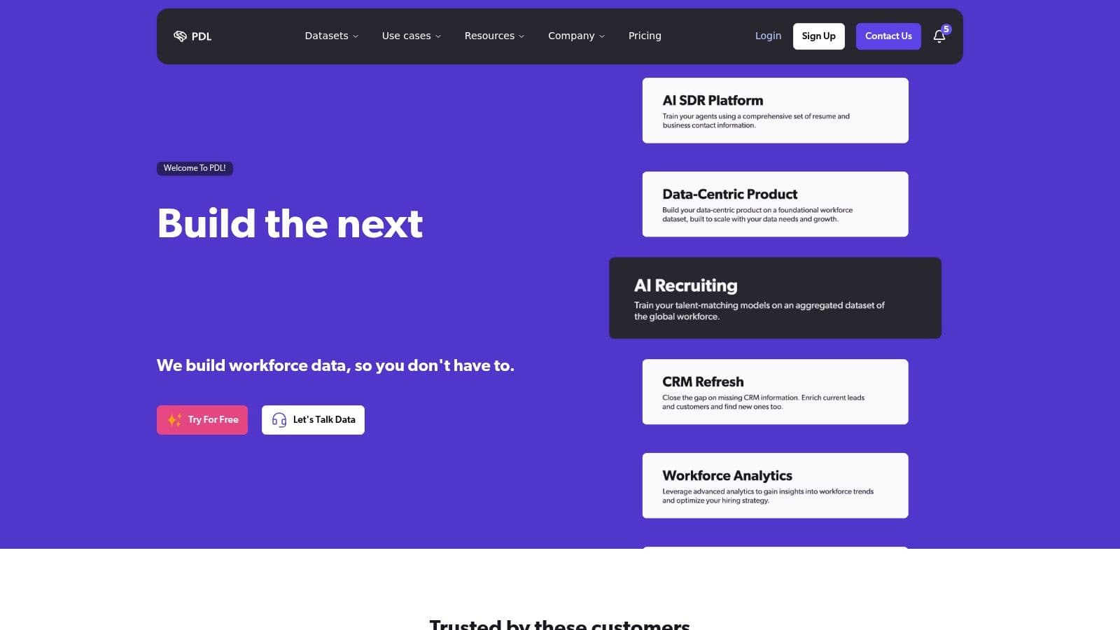 People Data Labs homepage, "We build workforce data, so you don't have to"