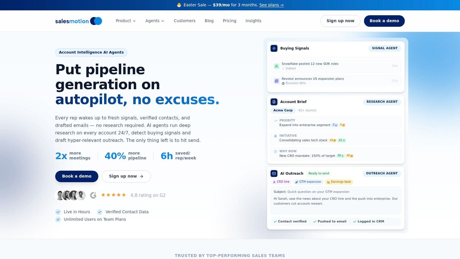 Salesmotion homepage showing the Signal, Research and Outreach agents
