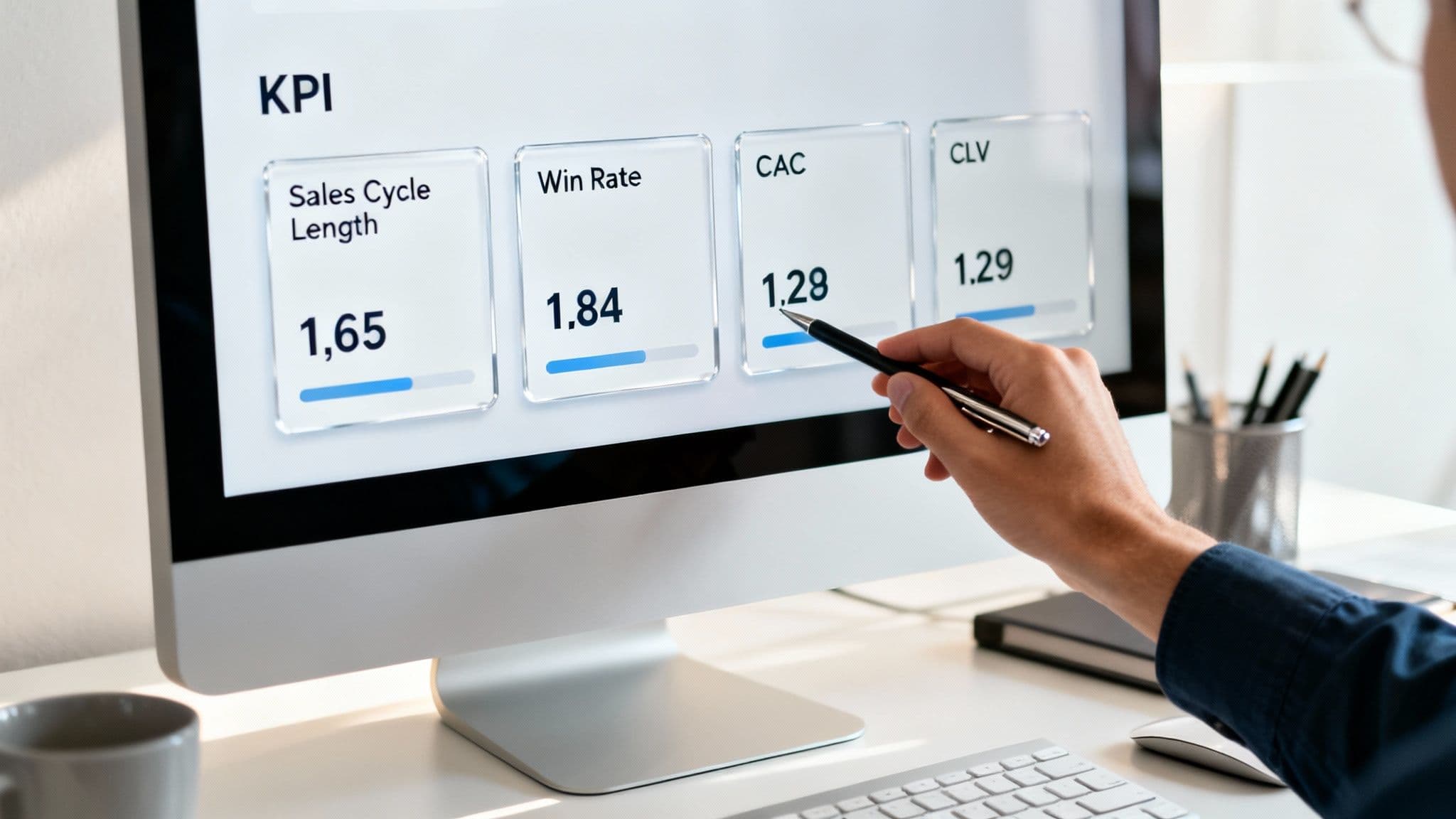 A hand points with a pen at a computer screen displaying sales KPIs and business analytics data.