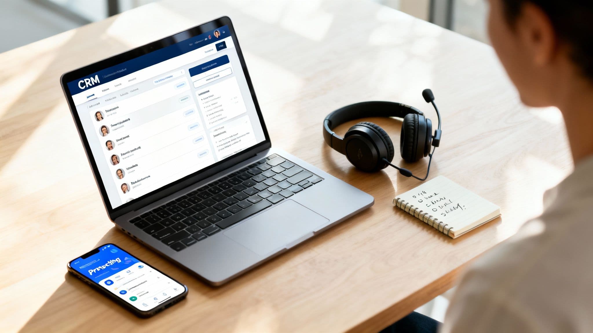 Person working on a laptop displaying CRM software, with headphones and a smartphone on a wooden desk.