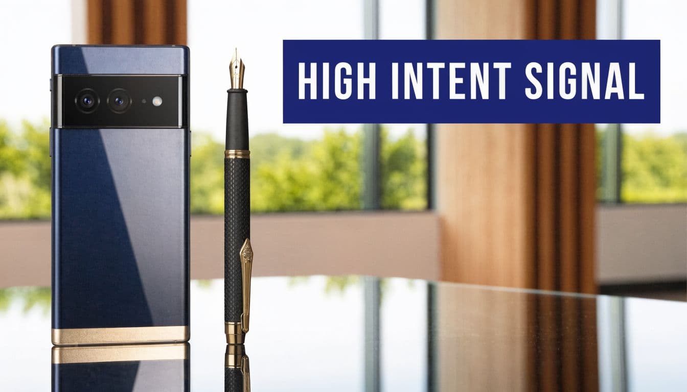 A modern smartphone and a luxury fountain pen placed on a reflective surface in an office setting.